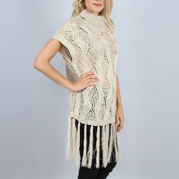 NWT Sequin and Fringe Open Weave Knit Tunic Sweater OSFM In Tan - Picture 2 of 3